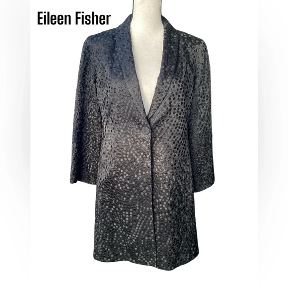 Eileen Fisher Silk Jacket Womens Black Polka Dot Long Sleeve Mid Length PS/PP - Picture 1 of 7